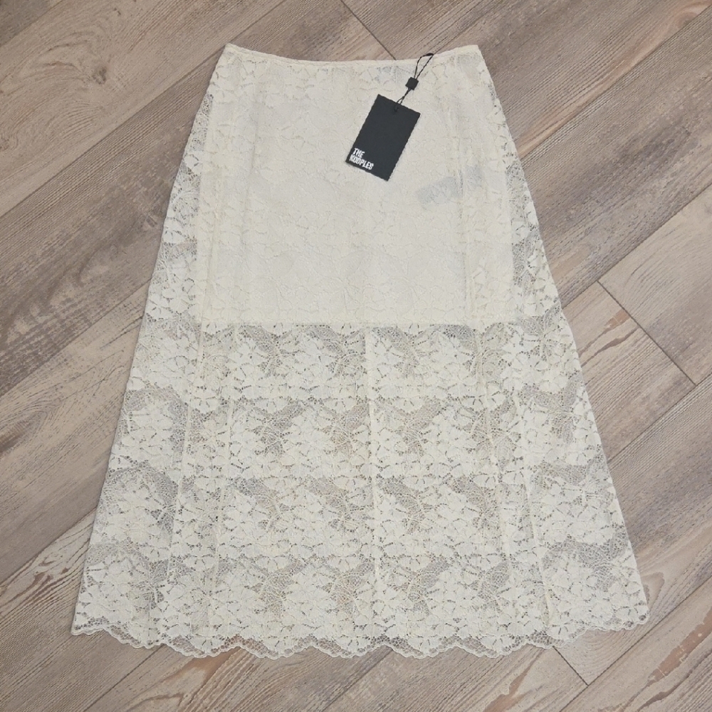 The Kooples Elegant Lace A-Line Midi Skirt With Semi Partial Lining- In Ecru